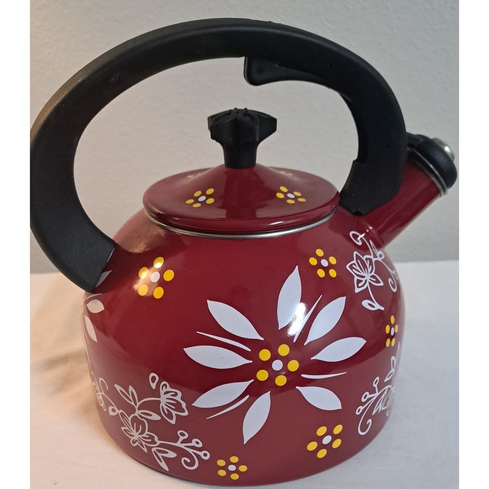 Temp-tations by Tara Old World Red Floral Whistling Tea Kettle 2.3 Qt Enamel